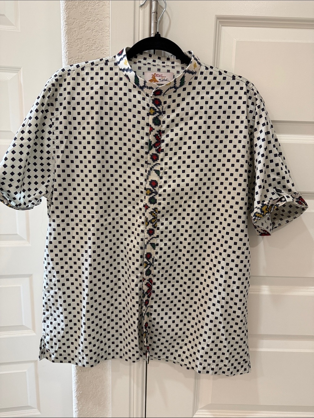 Unisex White Short-Sleeve Button Shirt with Navy Diamond Print